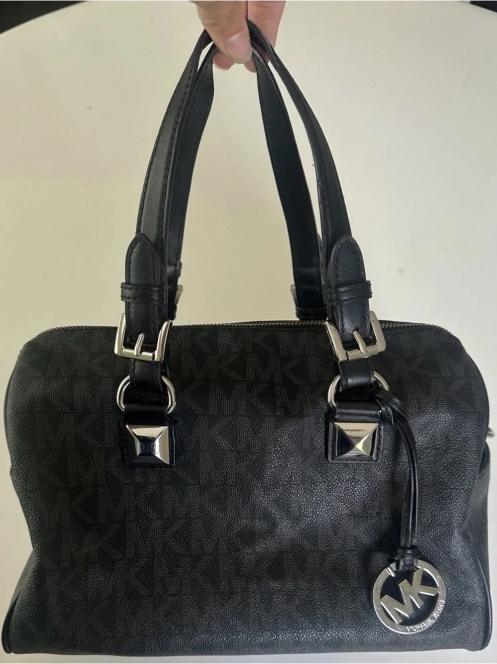 Michael Kors Black MK Logo Dome Satchel with Silver Hardware Grayson